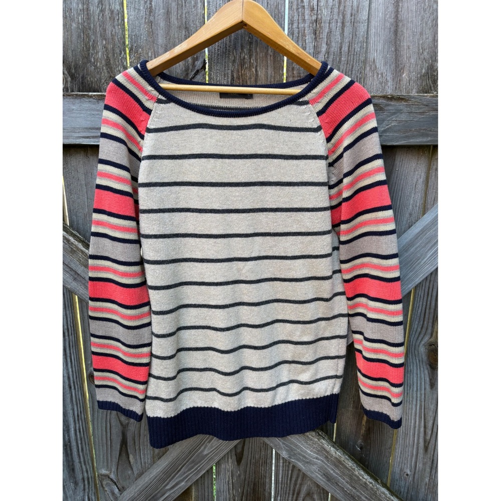 THML Womens Striped Raglan Knit Sweater Tan Navy Coral Pink Size L TMK420
